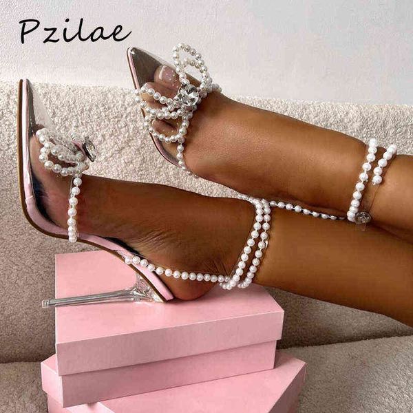 Sandalen Pzilae Sexy spitze Zehen Weiße String Perlen Bowtie Schuhe Klare High Heels Frauen Sommer Gladiator Party Hochzeit 220704