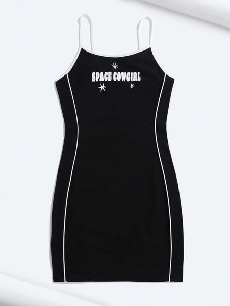 

x chromoeye contrast binding slogan graphic dress 67eb#, Black;gray