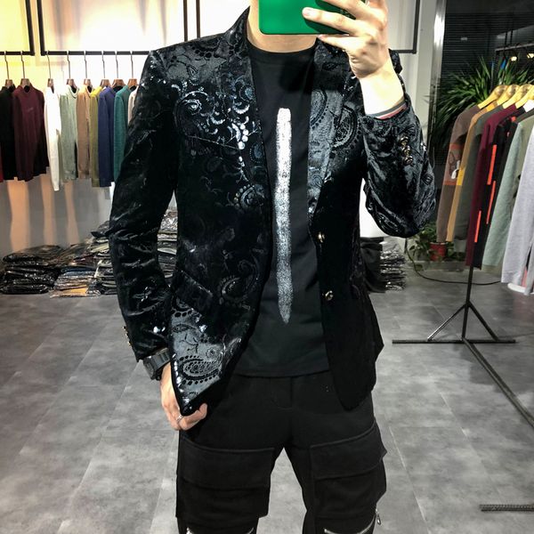 Blazer da uomo Casual Stage Wedding Suit Jacket Uomo Party Hip Hop Suit Stampa di moda Smoking formale Streetwear Costume Homme 201104