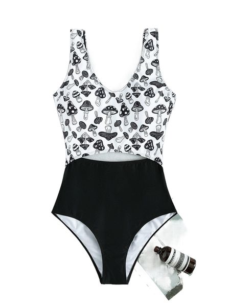 

mushroom print cut-out one piece swimsuit z51h#, White;black