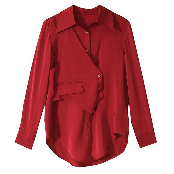 

women's blouses & shirts irregular desgin satin smoothie wine red long sleeve shirt women blouse spring autumn chemise femme blusa muje, White