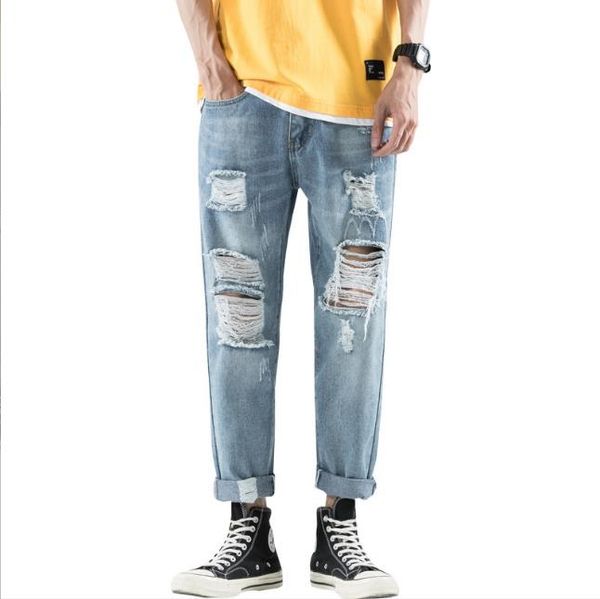 

nine points jeans men's slim ripped small feet elastic casual men's long pants trendy spring and summer new, Blue
