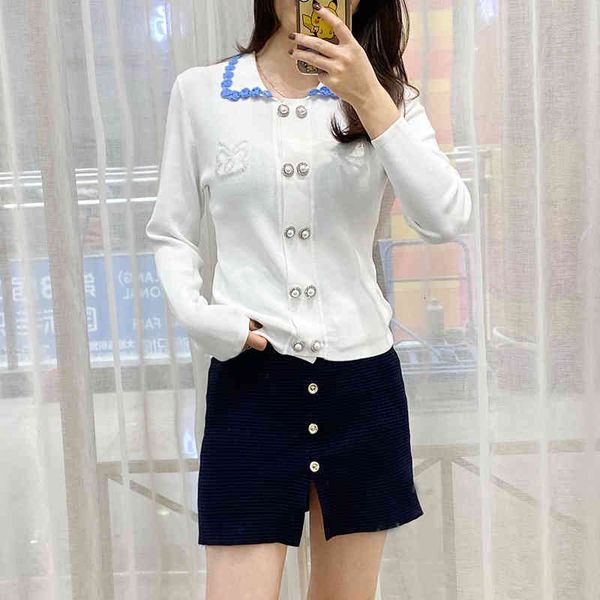 

women's sweaters zhou jieqiong star's same pearl double breasted contrast lapel slim fitting knitted cardigan women's ice sil, White;black