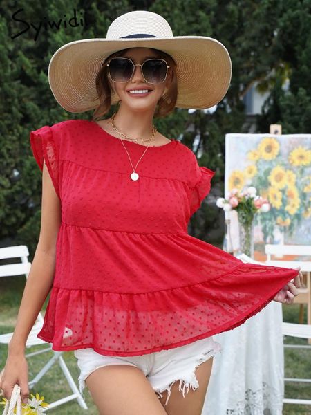 Damenblusen Hemden Syiwidii Polka Dot Bluse Frauen Tops Rosa Pullover Kurze Schmetterlingsärmel Kleidung Rüschen 2022 Chiffon O Hals Rot F