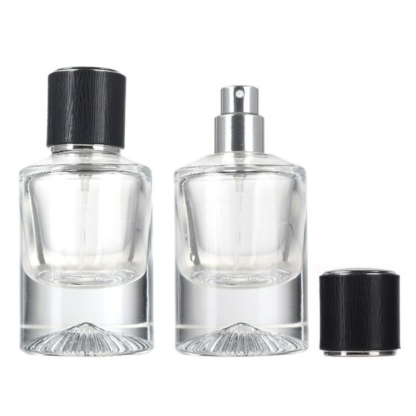 Bottiglia di profumo vuota Oro Silve Perss Pompa spray a crimpare Contenitore per imballaggio cosmetico 30 ml Fondo rotondo spesso Fiale ricaricabili in vetro trasparente Coperchio in legno nero