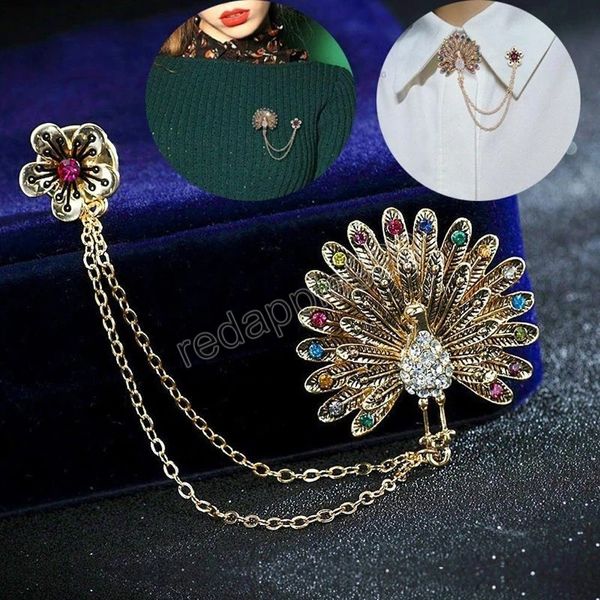 Peacock Feder Pflaume Blume Brosche Vintage Frauen Mode Bunte Strass Lange Doppelkette Quaste Revers Pin Broschen Schmuck