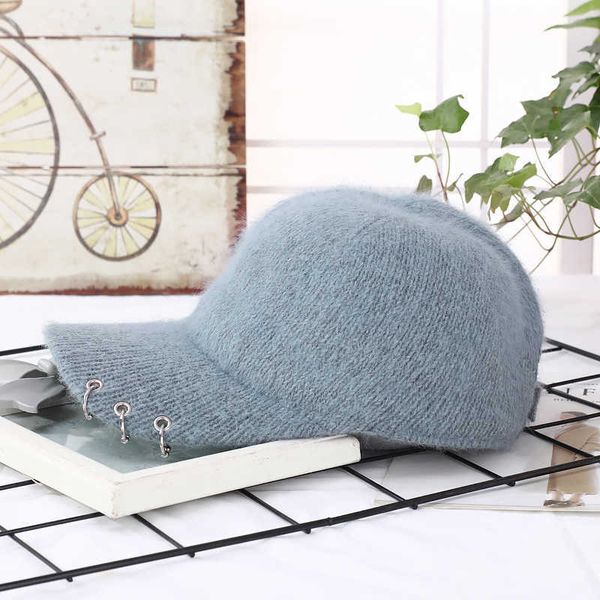 

lose money autumn and winter rabbit hair light plate double-layer warm metal iron ring hat korean outdoor duck tongue hat, Blue;gray