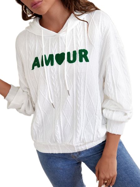 

letter & heart patched drop shoulder drawstring hoodie i1u5#, Black
