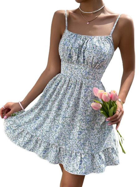 

allover floral print ruched bust ruffle hem cami dress r39w#, Black;gray