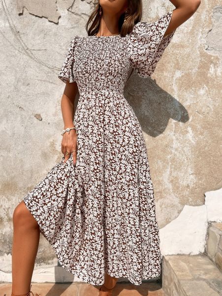 

ditsy floral butterfly sleeve shirred ruffle hem dress 15js#, Black;gray