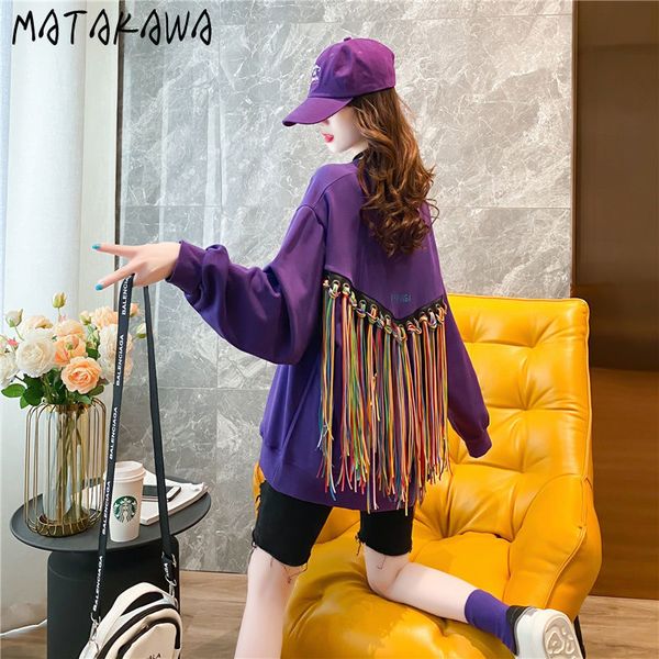 

loose casual sweatshirt womens spring color tassel long sleeve hoodies women round neck sweatshirts vintage 210506, Black