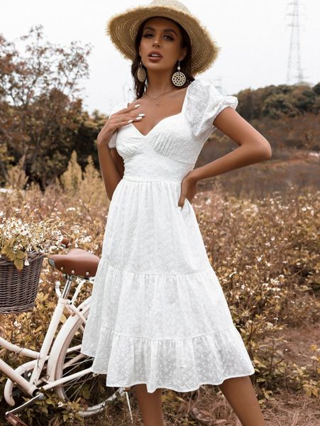 

eyelet embroidery sweetheart neck ruffle hem dress d0ot#, Black;gray