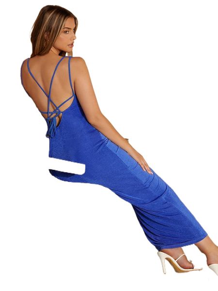 

solid lace up backless cami dress w7z3#, Black;gray