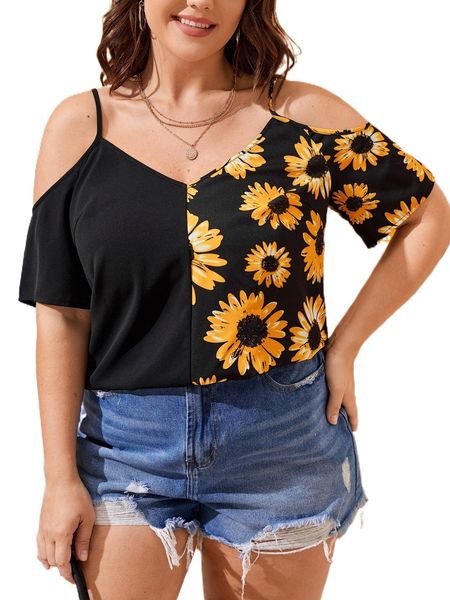 

plus floral print cold shoulder blouse u7if#, Black