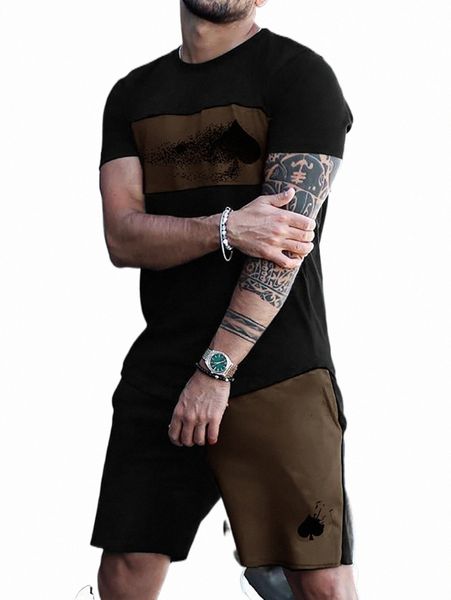 

men playing card print two tone tee & drawstring waist shorts s8ou#, Gray