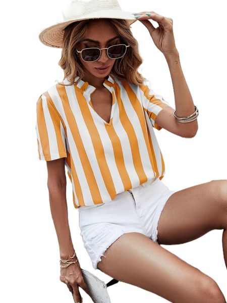 

striped print notched neck blouse e0l6#, White