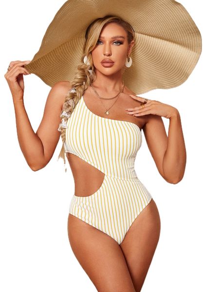 

striped cut-out one piece swimsuit 22xi#, White;black