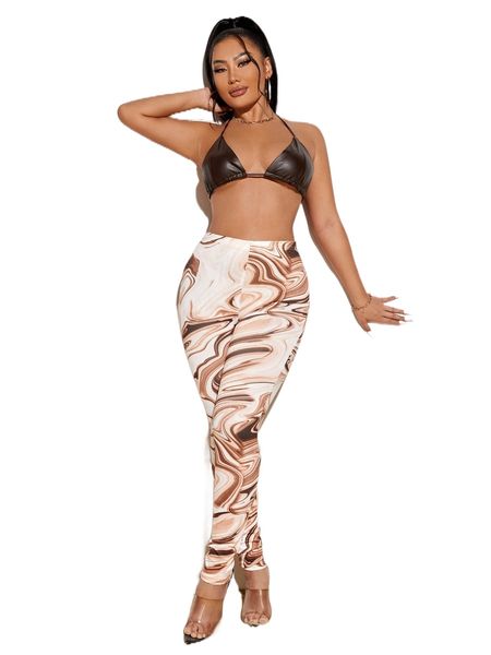 

sxy backless crop halter with marble print leggings j89o#, White
