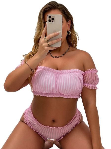 

plus striped frill trim lingerie set i0mi#, Black;white