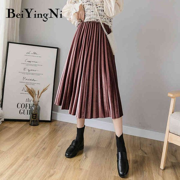 

pleated midi skirts womens solid color warm autumn winter velvet slim retro korean style skirt female saias mujer 210427, Black