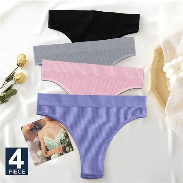 

finetoo 4pcs/set women seamless pantys girls thongs high waisted soft woman briefs 10 solid colors s-xl underpant for 220426, Black;pink