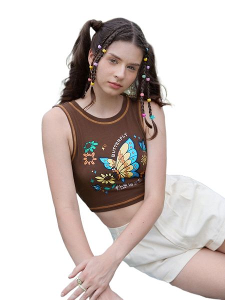 

mod butterfly print letter pattern rhinestones tank 02n7#, White