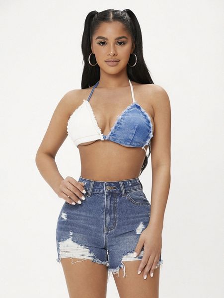 

petite two tone frayed trim tie backless crop denim halter x4g4#, White