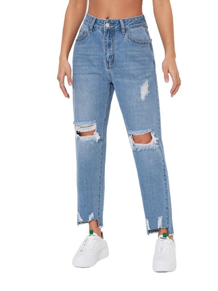 

petite washed r.ipped asymmetrical r.aw h.em j.eans 32kk#, Blue