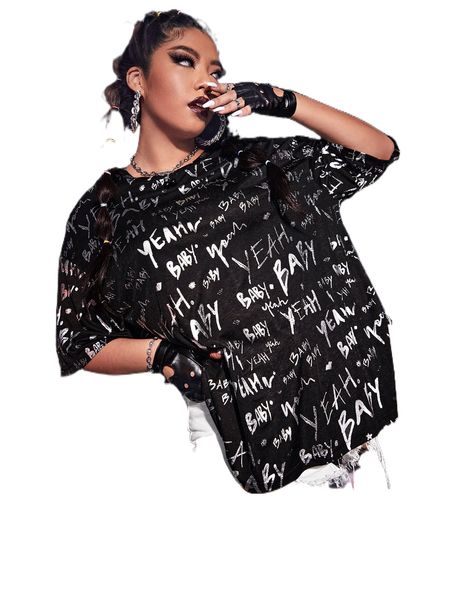 

plus allover letter graphic drop shoulder tee o7ji#, Black