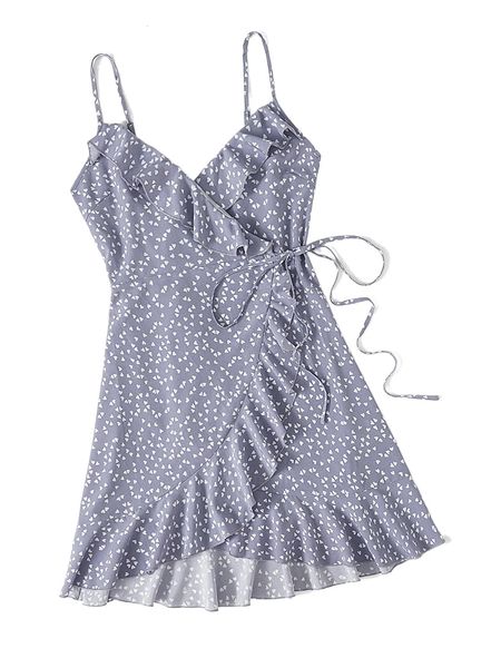 

allover heart print ruffle detail wrap cami dress h5gt#, Black;gray