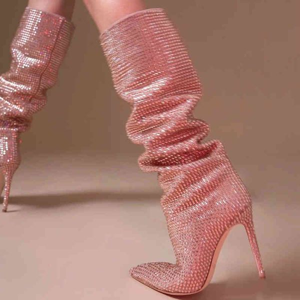 

boots fashion women bling stage woman crystal knee boot thin heels pointed toe high wedding shoes large size 44 gwzm, Black