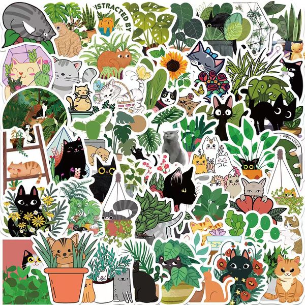 

50pcs creative cat plant car stickers for leaves weed animal graffiti diy luggage lapphone cute decals kids toys
