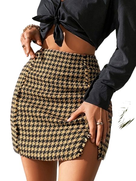 

houndstooth print split hem raw cut tweed skirt z1g2#, Black