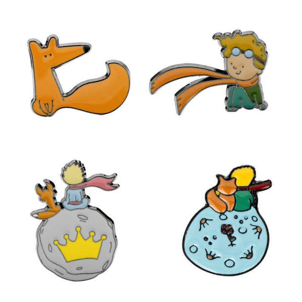 

cartoon animation surrounding fox affectionate little prince crown planet alloy brooch bag clothing pin, Gray