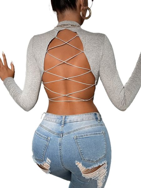 

criss cross backless mock neck l25u#, White