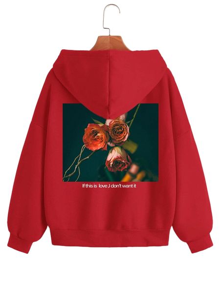 

floral and slogan graphic zip up thermal lined drawstring hoodie i5pv#, Black