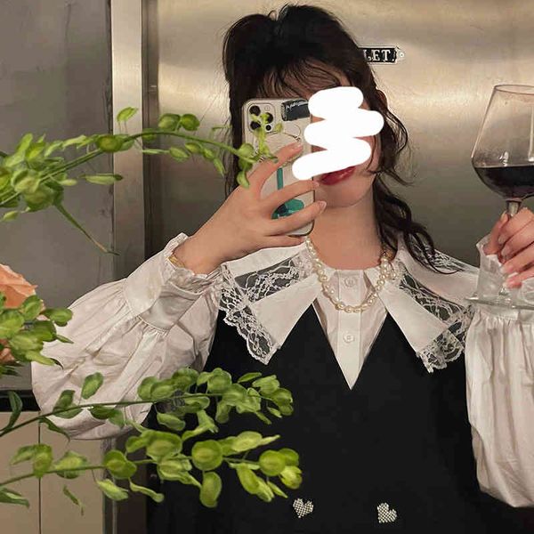 

casual dresses [audrey]lace doll collar shirt + v-neck double breasted vest skirt dress 2022 spring ehbk, Black;gray