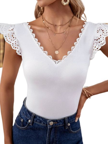 

eyelet embroidery ruffle sleeve guipure lace trim tie back tee y23t#, White