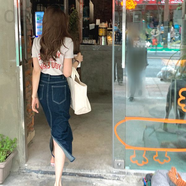 

two piece dress designer 4245# high waist covered hip bag hip split denim a-line skirt medium long summer thin women's pgry, White