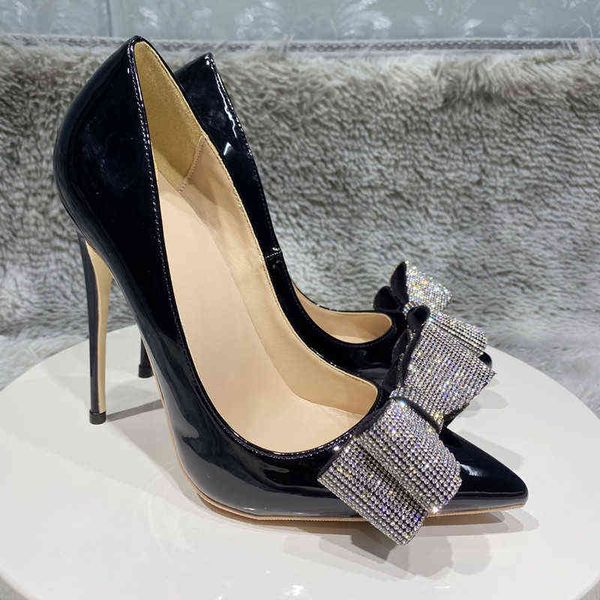 

women black pointy toe high heel shoes bow rhinestone stunning party stiletto pumps 8cm 10cm 12cm customizable t220730