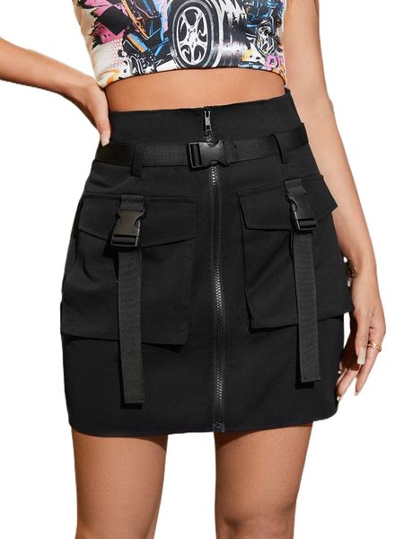 

high waist zipper flap pocket buckled belted skirt y8c7#, Black
