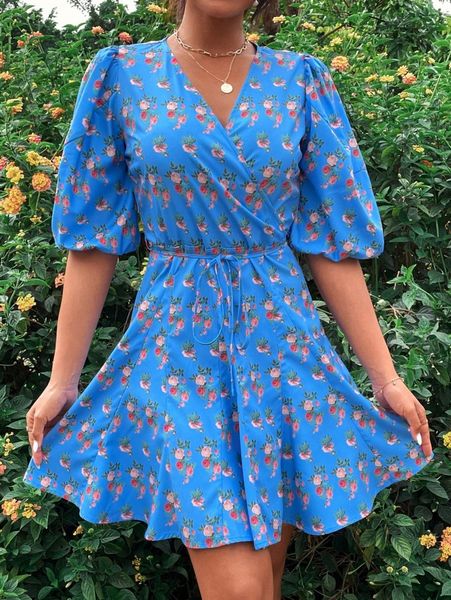 

allover floral print surplice neck puff sleeve dress c0jk#, Black;gray