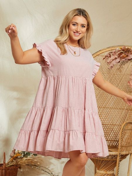 

plus ruffle cuff striped smock dress u7fs#, Black