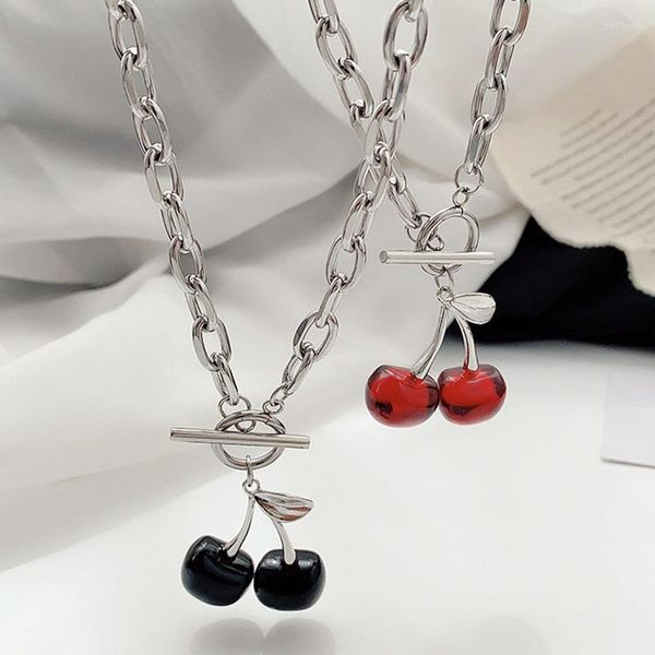 Ins Punk Resin Red Black Cherry Collana pendente per donna Ragazza Catena a maglie grosse Frutta Collane girocollo Girocolli Godl22