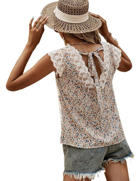 

ditsy floral print tie back contrast lace blouse t1y8#, White