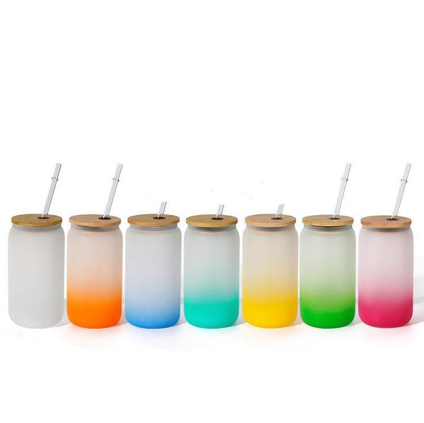 12/16 Unzen Sublimation Milchglas Wasserflasche Becher Schnapsgläser Glas Soda Getränkestrohbecher mit Bambusdeckel Farbiges Glas Skinny Tumbler SN6500