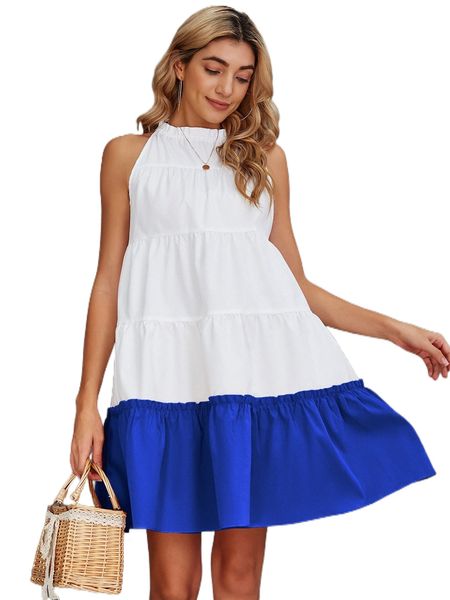 

contrast panel frill trim sleeveless dress o89h#, Black;gray