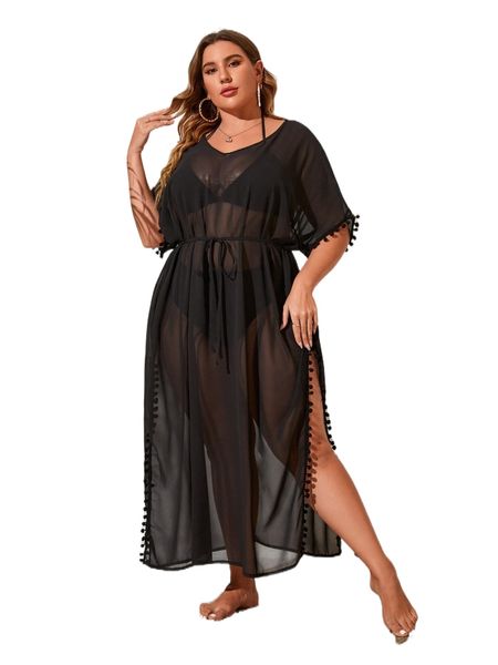 

plus pompom trim slit thigh belted cover up dress without bikini set y55g#, Black