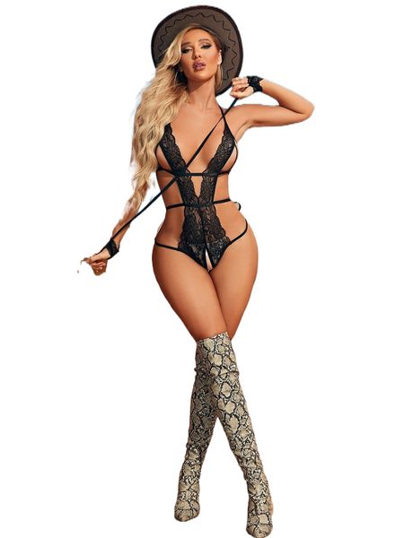 

lace crotchless teddy bodysuit & 1pair hand ring x0qq#, Black;red