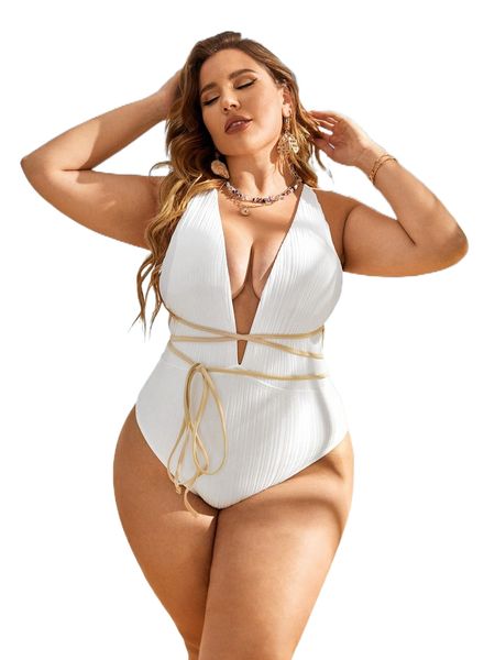 

plus crisscross knot front one piece swimsuit e8dm#, White;black